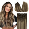 Picture of DOORES Hair Extensions Clip in Human Hair, 5pcs 75g Balayage Chocolate Brown to Honey Blonde 16 Inch Clip in Hair Extensions Remy Hair Extensions Straight