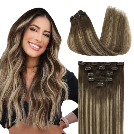 Picture of DOORES Clip in Human Hair Extensions, 5pcs 80g 20 Inch Balayage Chocolate Brown to Honey Blonde, Straight Long Hair Extensions Remy Human Hair Clip ins