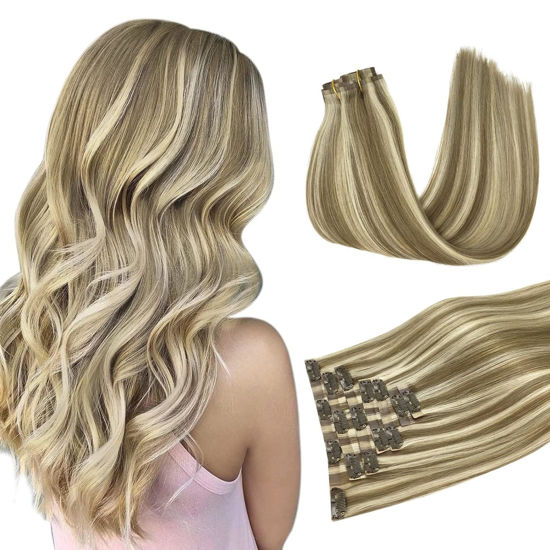 Picture of DOORES Seamless Clip in Hair Extensions, Light Brown Highlighted Medium Blonde 7pcs 120g 24 Inch, Human Hair Extensions Natural Remy Hair Extensions Straight Hair Invisi Edge Hair Extensions