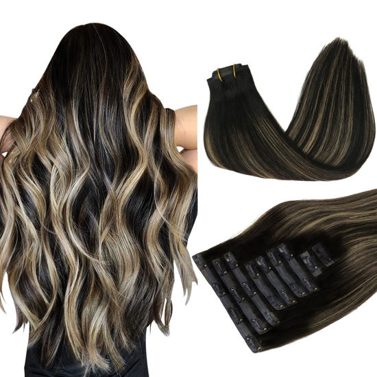 Picture of DOORES Hair Extensions Real Human Hair, Natural Black to Light Blonde 9pcs 14 Inch 130g, Seamless Clip in Hair Extensions Remy Hair Thick Hair Straight Hair Extensions Invisi Edge Hair Extensions