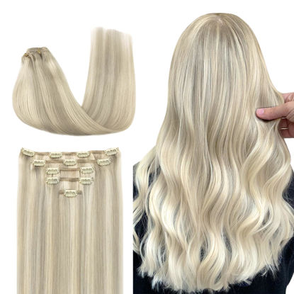 Picture of DOORES Hair Extensions Clip in Human Hair, 5pcs 80g Ash Blonde Highlighted Platinum Blonde 20 Inch, Remy Human Hair Clip in Extensions Straight Weft Clip ins for Women