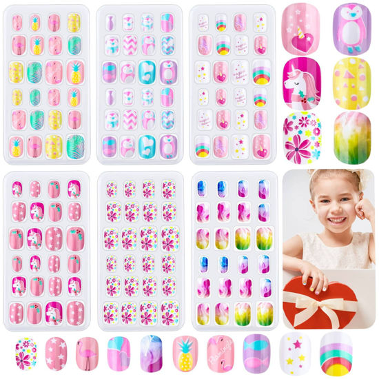 Picture of 144 Pieces Press on Nails Grils, Thrilez Children Fake Artificial False Nail Tips Pre Glue Full Cover Short Acrylic Nails for Girls Kids Nail Art Decoration (Rainbow Sky)