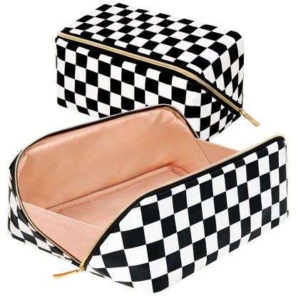 Picture of rlokosfb Portable Makeup Bag Opens Flat for Easy Access,Waterproof Large Cosmetic Bag Toiletry Bag,Travel Accessories Overnight Bag for Cosmetics,Toiletries,Pencil and Daily Use (Check, AMedium)