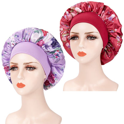 Picture of 2PCS Silk Bonnet for Curly Hair Sleeping Hair Bonnets for Black Women Satin Wide Band Satin Bonnet Cap (purple+wine)