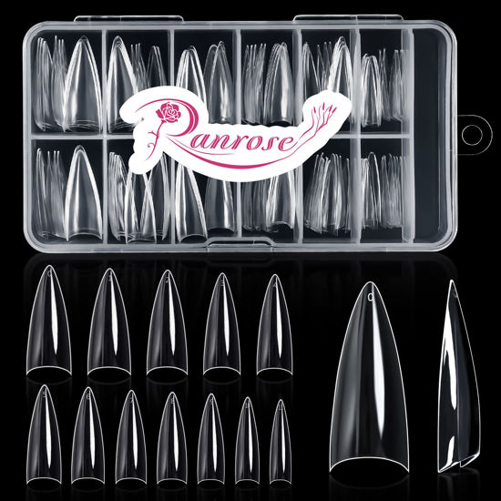 Picture of Ranrose 120PCS Short Nail Tips,Short Soft Gel Stiletto Nail Tips Half Cover False Nail Almond Shape Point Acrylic Sharp Artificial False Nail For DIY
