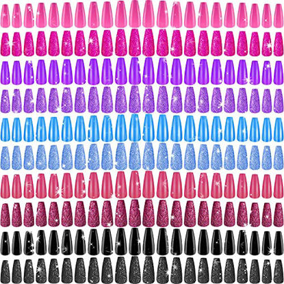 Picture of 240 Pieces Extra Long Press on Nails Ballerina Coffin False Nails Solid Color Full Cover Fake Nails Artificial Acrylic Nails for DIY Nail Art Salon Women Girls (Mixed Pattern)