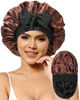 Picture of Satin Bonnet for Women Silk Bonnets for Sleeping Curly Hair Bonnet with Elastic Tie Band Reversible Double Layer Sleep Cap Hair Wrap (Black +Brown)