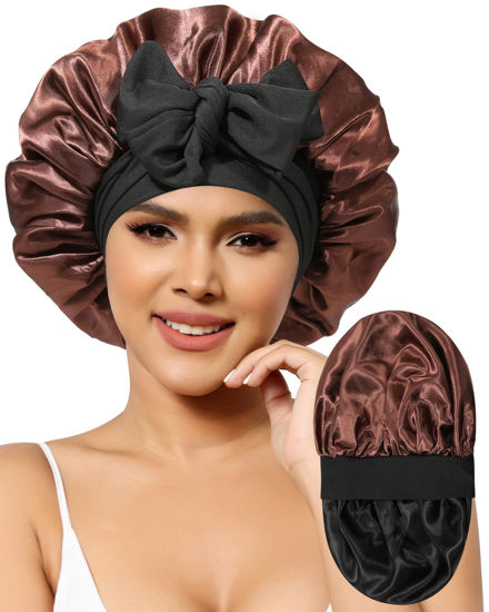 Picture of Satin Bonnet for Women Silk Bonnets for Sleeping Curly Hair Bonnet with Elastic Tie Band Reversible Double Layer Sleep Cap Hair Wrap (Black +Brown)
