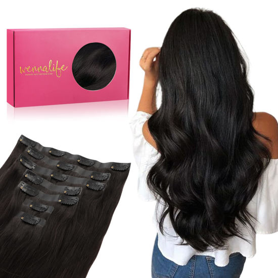 Picture of WENNALIFE Seamless Clip In Hair Extensions, 14 Inch 130g 7pcs Natural Black Hair Extensions Clip in Human Hair Invisible PU Skin Weft Natural Remy Human Hair Extensions