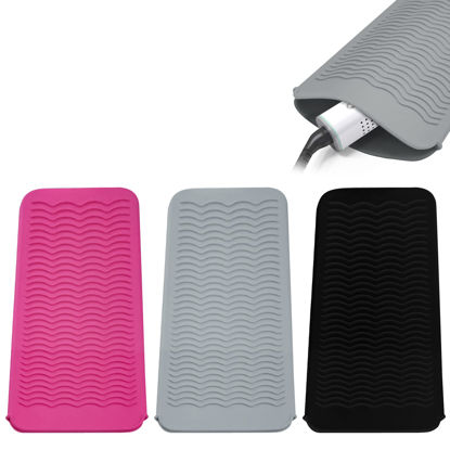 Picture of 3PCS Silicone Heat Resistant Mat Pouch for Hair Straightener, Curling Iron, Flat Iron and Hot Hair Tools (Black+Grey+Pink)