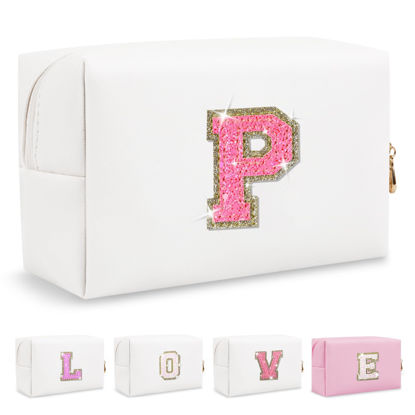 Picture of Small Personalized Initial A-Z Patch Makeup Bag,White Cute PU Leather Glitter Letter Cosmetic Bag for Teen Girls,Travel Toiletry Bag with Zipper,Preppy Monogrammed Birthday Gift for Daughter Niece P