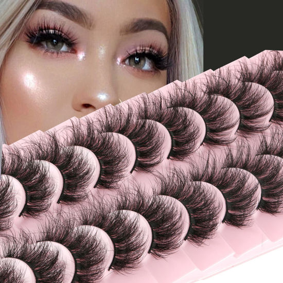 Picture of FANXITON Mink Lashes False Eyelashes Dramatic Fluffy Mink Lashes Wispy 19 MM Curly Natural Look 3D Fake Eyelashes 10 Pairs Pack