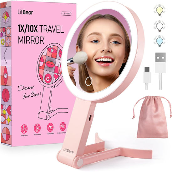 Picture of LitBear Travel Makeup Mirror with Lights, Rechargeable Double-Sided 10X/1X Magnifying Mirror, Portable Lighted Beauty Mirror, 3 Color Lighting, Dimmable Touch Screen, Tabletop Handhold Hanging (Pink)