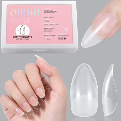Picture of AILLSA Stiletto Nail Tips - Upgraded Matte Soft Gel Nail Tips, Pre-filed Full Cover Gelly Tips 240Pcs Pre-shaped Acrylic Clear Fake Press On Nail Tips for Soak Off Nail Extension 10 Sizes