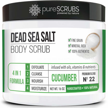 Picture of pureSCRUBS Premium Cucumber Body Scrub Set - Large 16oz Dead Sea Salt Body Scrub for Women Exfoliation KP Bump Eraser Body Scrub Includes Wooden Spoon, Loofah & Soap