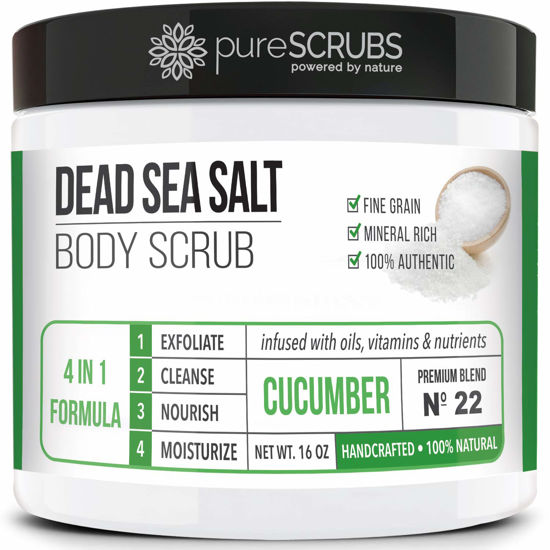 Picture of pureSCRUBS Premium Cucumber Body Scrub Set - Large 16oz Dead Sea Salt Body Scrub for Women Exfoliation KP Bump Eraser Body Scrub Includes Wooden Spoon, Loofah & Soap