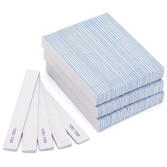 Picture of 100 Pieces Rectangle Nail Files 100/100 Grit, Reusable Nail Buffers Double Sided Emery Boards Fingernail Files for Acrylic Nails and Natural Nails