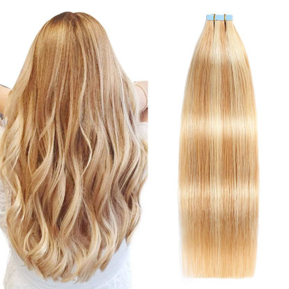 Picture of SUYYA Tape in Hair Extensions Human Hair Strawberry Blonde to Light Blonde Remy Hair 22 inches 20pcs 50g/pack Straight Seamless Skin Weft Tape in Human Hair Extensions Piano Color(22 inch #P27/24B)