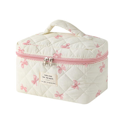 Picture of uekeboag Large Travel Quilted Makeup Bag for Women, Floral Cotton Cosmetic Bag, Coquette Aesthetic Floral Toiletry Organizer Bag(08Little Pink Bow