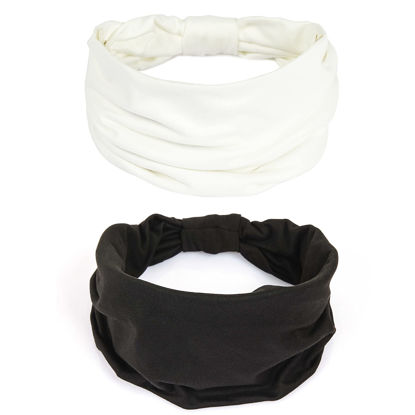Picture of GILI 2 Pack Wide Headbands for Women Boho African Knotted Non Slip Fashion Hair Bands Yoga Running Sports Workout Gym Head Wraps Elastic Soft Cotton Cloth Turbans Bandana for Girls (White,Black)