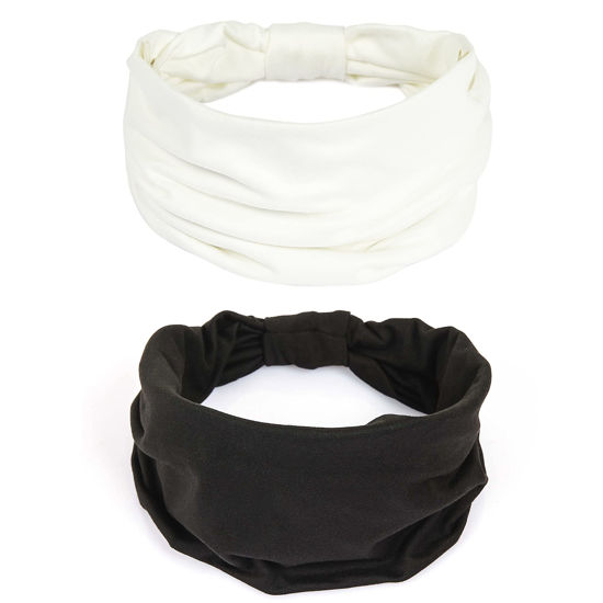 Picture of GILI 2 Pack Wide Headbands for Women Boho African Knotted Non Slip Fashion Hair Bands Yoga Running Sports Workout Gym Head Wraps Elastic Soft Cotton Cloth Turbans Bandana for Girls (White,Black)