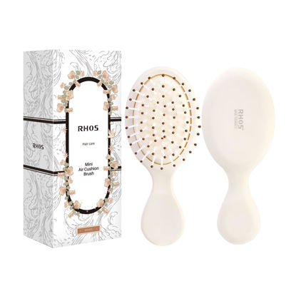 Picture of RHOS Mini Hair Brush for Women,Men and Kids-Travel Size Hair Brush for Purse,Pocket,backpack-Small Cushion Paddle Brush with Soft Bristles-Mini Detangler Brush for All Hair Types(1 Pack-Beige)