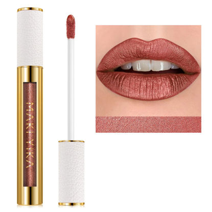 Picture of MAKI YIKA Metallic Lipsticks Long Lasting Brown Lipstick for Women, High Shine Glitter Lipstick No Smudge Transferproof iquid Lip Gloss (BR09 Celebration)