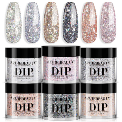 Picture of AZUREBEAUTY Dip Powder Nail Set, Silver Pink Black Golden Yellow Glitter Sparkly Shiny Chrome Platinum, 6 Colors All Seasons Dipping Powder Starter Kit Nail Art Manicure Salon, No Need Nail Lamp Cured