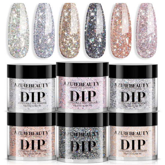 Picture of AZUREBEAUTY Dip Powder Nail Set, Silver Pink Black Golden Yellow Glitter Sparkly Shiny Chrome Platinum, 6 Colors All Seasons Dipping Powder Starter Kit Nail Art Manicure Salon, No Need Nail Lamp Cured