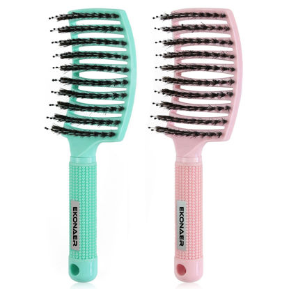 Picture of 2 Pack Detangling Brush Getting Knots Out without Pain Adds Shine and Makes Hair Smooth,Detangler Boar Bristle Hair Brush for Adult & Kids Wet or Dry Hair(Light Green&Pink)…