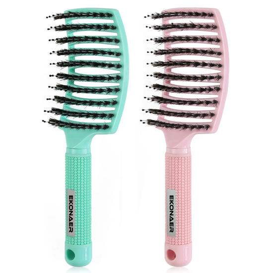 Picture of 2 Pack Detangling Brush Getting Knots Out without Pain Adds Shine and Makes Hair Smooth,Detangler Boar Bristle Hair Brush for Adult & Kids Wet or Dry Hair(Light Green&Pink)…