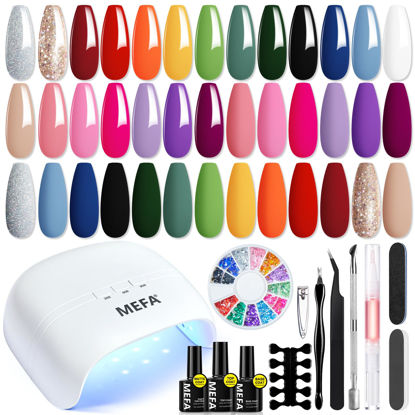 Picture of MEFA 34 Pcs Gel Nail Polish Kit with U V Light 48W, 20 Colors All Seasons Collection Nude Pink Red Gel Nail Polish Set with Base and Matte/Glossy Top Coat Nail Art Manicure Tools DIY Salon Home