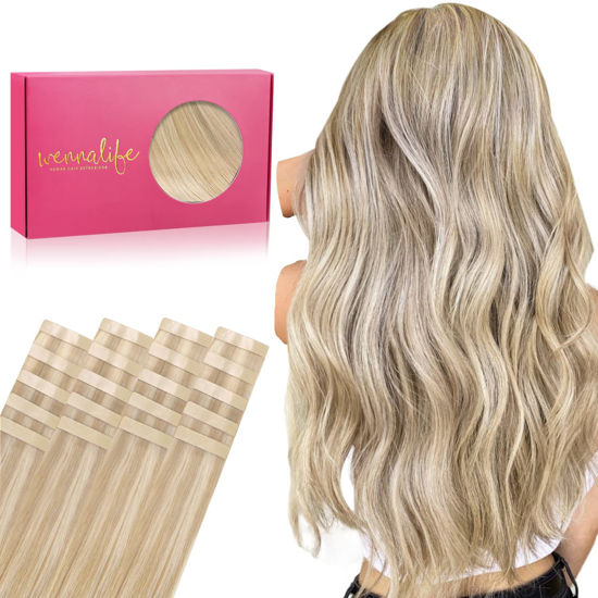 Picture of WENNALIFE Tape in Hair Extensions Human Hair, 20pcs 50g 24 inch Dirty Blonde Highlighted Bleach Blonde Remy Hair Extensions Straight Human Hair Tape in Extensions Skin Weft Tape Extensions Human Hair