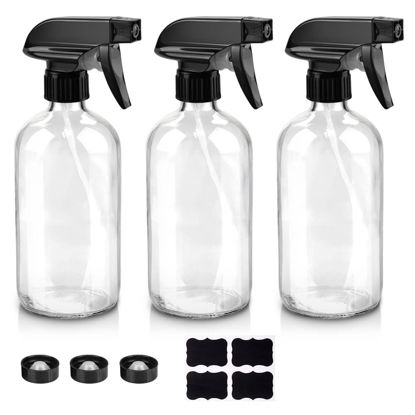 Picture of Worldgsb Glass Spray Bottles, 16oz Clear Glass Spray Bottles with Labels & Adjustable Nozzle, Reusable Containers for Cleaning, BBQ, Food, Plants, Alcohol, Essential Oils(3 Pack)