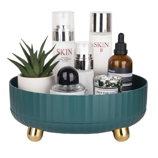 Picture of Anyoifax Makeup Perfume Organizer Tray 360 Degree Rotating Lazy Susan Skincare Lotion Organizer Spinning Cosmetics Storage for Dresser, Vanity, Bathroom Countertop, Small Teal Green