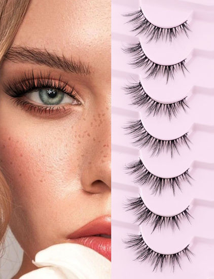 Picture of Cat Eye Lashes Wispy Eyelashes 15mm Manga Cat Eyelashes Natural Look Wispy False Lashes 3D Volume Fake Eyelashes Anime Lash Soft Faux Mink Lashes 7 Pairs Lashes Pack Siligli