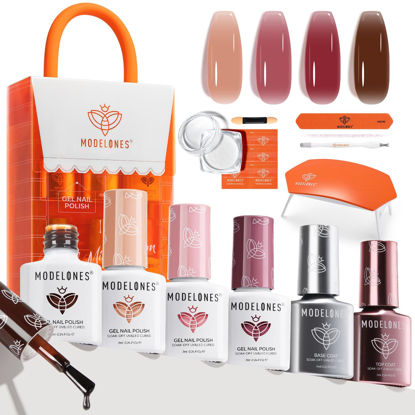 Picture of modelones Gel Nail Polish Kit with U V Light, 4 Colors Gel Mini Salon, Brown Nude Pink Red Clear Jelly Manicure Set with Pearl White Chrome Powder, Fall Home DIY Nail Art Gift for Women Girls Starter