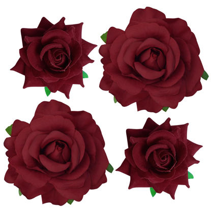Picture of Topbuti Rose Hair Clip Flower Hairpin Rose Brooch Floral Clips, 4 Pcs Fabric Rose Flowers Hair Clips Mexican Hair Flowers Pin up Headpieces for Woman Girl Wedding Party Mother's Day (Dark Red)