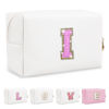 Picture of Small Initial Patch Makeup Bag Personalized Gifts Make Up Bag,White Cute PU Leather Glitter Letter Cosmetic Bag with Zipper,Trendy Portable Travel Toiletry Pouch,Preppy Stuff for Teen Girls Women I
