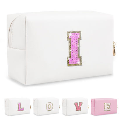 Picture of Small Initial Patch Makeup Bag Personalized Gifts Make Up Bag,White Cute PU Leather Glitter Letter Cosmetic Bag with Zipper,Trendy Portable Travel Toiletry Pouch,Preppy Stuff for Teen Girls Women I
