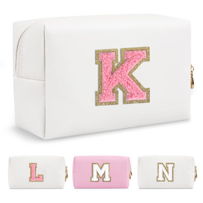 Picture of Personalized Makeup Bag Initial A-Z Preppy Patch Bag,Small PU Leather Travel Cosmetic Bag Pouch with Zipper,White Cute Toiletry Bag,Gift Ideal for Teen Girls Women Birthday Friend Mom,Letter K