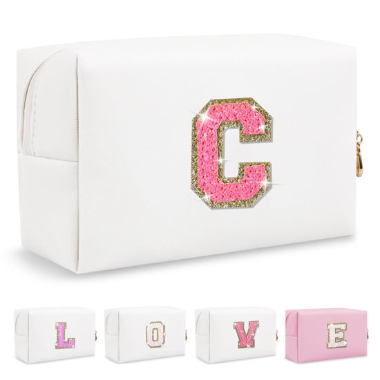 Picture of Small Personalized Initial A-Z Patch Makeup Bag,White Cute PU Leather Glitter Letter Cosmetic Bag for Teen Girls,Travel Toiletry Bag with Zipper,Preppy Monogrammed Birthday Gift for Daughter Niece C
