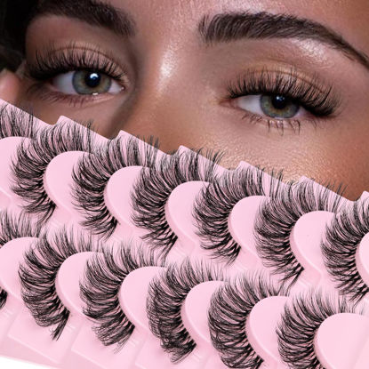 Picture of Veleasha Russian Strip Lashes Faux Mink Lashes Fluffy Eyelashes 7 Pairs 12-19mm Clear Band False Eyelashes Looks Like Eyelash Extensions D Curl Fake Eyelashes (DT01)