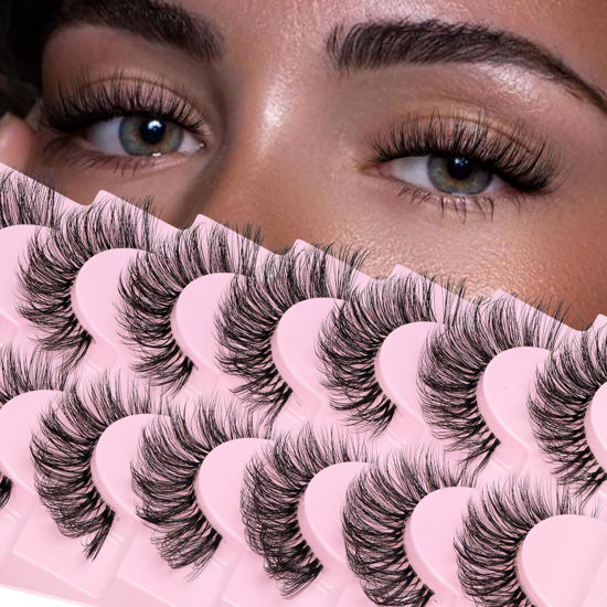Picture of Veleasha Russian Strip Lashes Faux Mink Lashes Fluffy Eyelashes 7 Pairs 12-19mm Clear Band False Eyelashes Looks Like Eyelash Extensions D Curl Fake Eyelashes (DT01)