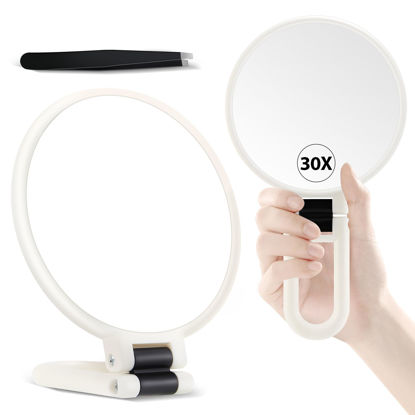Picture of B Beauty Planet Hand Mirror, 30X Magnifying Mirror on Stand, Double Sided Magnifying Mirror with 30X/1X Magnification, 360°Adjustable Handle, Portable Travel Makeup Mirror for Eyebrow Plucking White