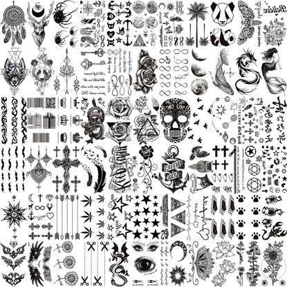 Picture of VANTATY 66 Sheets 3D Small Black Temporary Tattoos For Women Men Waterproof Fake Tattoo Stickers For Face Neck Arm Children Flower Birds Star Realistic Tatoo Kits For Boy Girls Adults