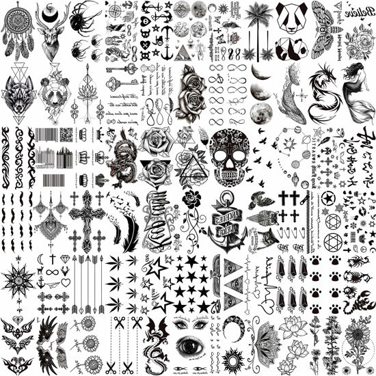 Picture of VANTATY 66 Sheets 3D Small Black Temporary Tattoos For Women Men Waterproof Fake Tattoo Stickers For Face Neck Arm Children Flower Birds Star Realistic Tatoo Kits For Boy Girls Adults