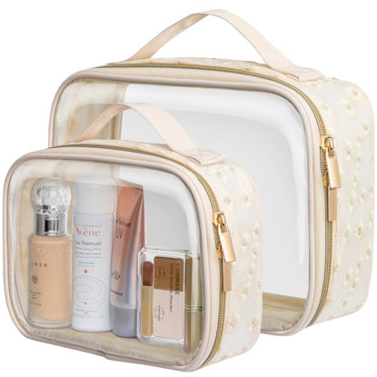 Picture of PACKISM Floral Texture Lace TSA Approved Toiletry Bag - 180° Large Opening Clear Makeup Bags for Traveling, in 2 Size TSA Liquid Bag with Handle, 0.5 mm Thick Non-deformable No Smell, Beige