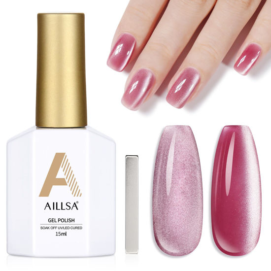 Picture of AILLSA Cat Eye Gel Nail Polish Pink Rose Glitter Crystal Gel Polish with Magnet, Nude Burgundy Sparkle Gel Nail Polish Reflective Translucent Jelly Color U V Magnetic Gel Salon DIY at Home 0.5 OZ GF20
