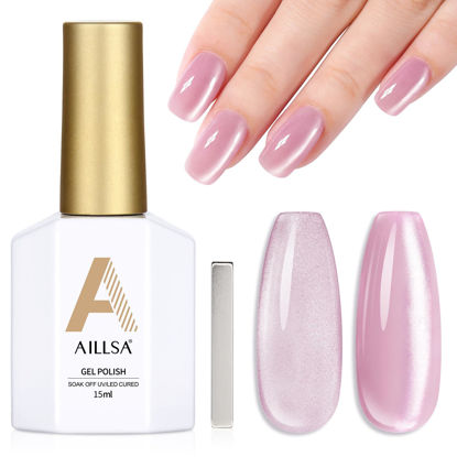 Picture of AILLSA Pink Cat Eye Gel Nail Polish Jelly Glitter Crystal Gel Polish with Magnet, Shimmer Glass Pearl Gel Nail Polish Sparkle Reflective Translucent Color U V Gel Salon DIY at Home 0.5 OZ GF27